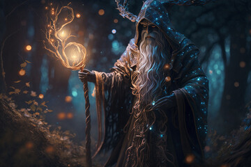 A mystical druid standing in a lush forest glade, surrounded by ethereal wisps of magic. intricate details of the druid's robes and staff. a touch of dreaminess. Ai - obrazy, fototapety, plakaty
