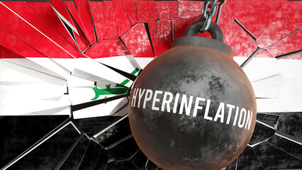 Iraq and Hyperinflation that destroys the country and wrecks the economy. Hyperinflation as a force causing possible future decline of the nation,3d illustration