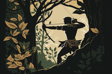 Silhouette skilled archer perched on a treetop, taking aim at a distant target. the archer's graceful form and the forest canopy below. solid dark color. Ai