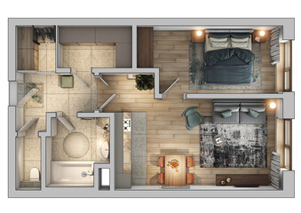 Apartment planning 3D view in perspective.