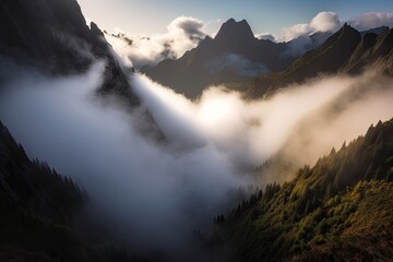 Immersive Mountain Landscape with mist and fog, Generative AI