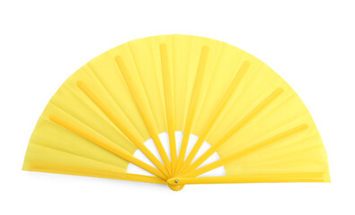 Bright yellow hand fan isolated on white, top view