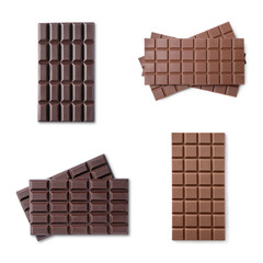 Collage with tasty different chocolate bars on white background, top view