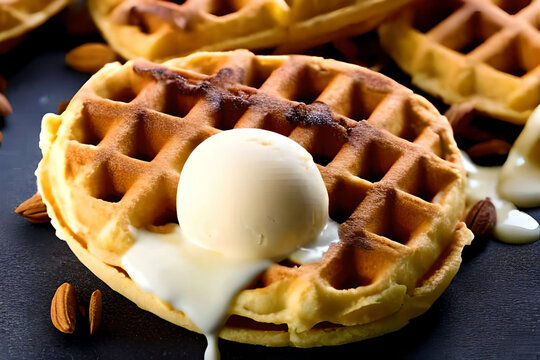 AI generated image of delicious waffle with a scoop of vanilla ice cream on top. 