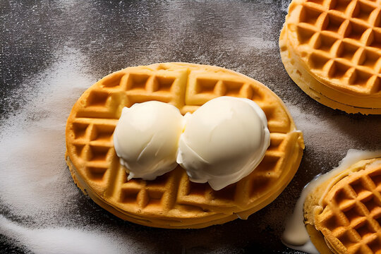 AI generated image of delicious waffle with two scoop of vanilla ice cream on top. 