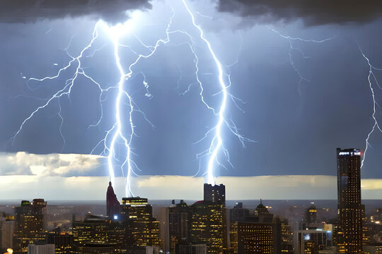 AI generated image of a scene where lightning strikes lightning rods on top of buildings in the city