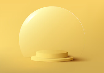 3D realistic yellow podium pedestal stand with circle transparent glass isolated minimal wall scene background