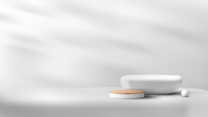 3D realistic empty stone and wood grain top white podium pedestal on clean background