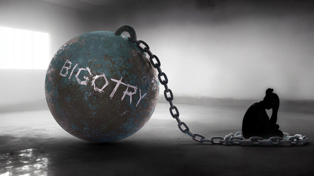 Bigotry against a woman. Trapped in a hate prison, chained to a burden of Bigotry. Alone in pain and suffering.,3d illustration