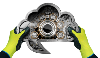 Manual worker with protective work gloves holding a metallic Cloud Computing Symbol in the shape of speech bubble with cogwheels inside. Isolated on white or transparent background, png.