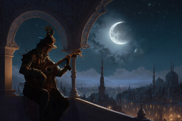 Bard playing magical instrument on moonlit rooftop, overlooking fantastical city. fantastical with a whimsical quality, and the light setting creates a sense of romanticism and enchantment. Ai