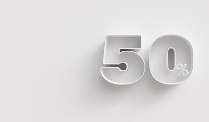 White 3d 50 (Fifty) percent on white background. For advertising promotion, 3d financial concept design. Promotional materials. 50% interest special offer. Symbol icon with percentage.