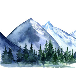 Watercolor illustration with mountains and forest, nature landscapes on white background. Watercolor hand painting sketch scenery.
