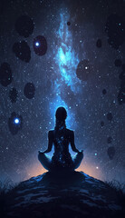 Yoga concept with back view woman sitting in lotus pose against starry sky background AI generated