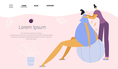 The landing web site page with pregnant woman give birth baby and sitting in best position onfitball. The doula assist helping. Female has got discomfort, back pain, pain belly. 