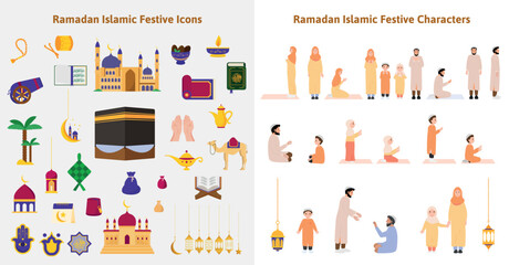 A set of illustrations for ramadan festival. Ramadan characters and icons collection. Islamic vector elements.