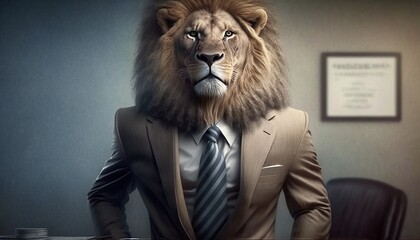 a lion accountant or lawyer wearing a suit and tie calculating a client's taxes. generative ai content