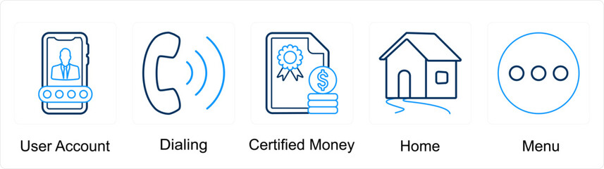 A set of 5 mix icons as user account, dialing, certified money