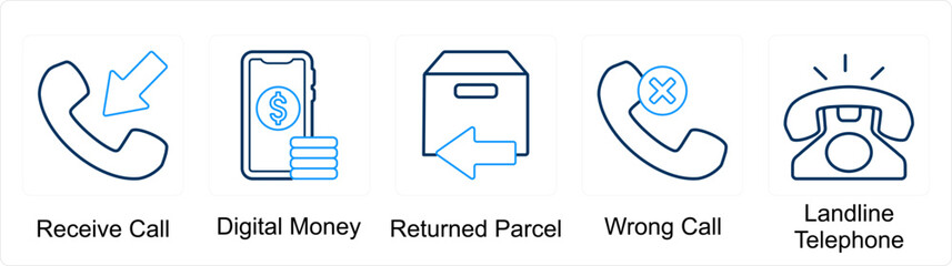 A set of 5 mix icons as receive call, digital money, returned parcel