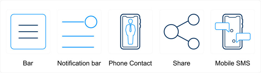 A set of 5 mix icons as bar, notification bar, phone contact