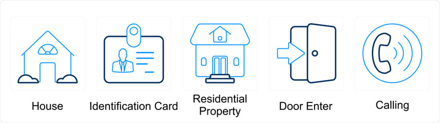 A set of 5 mix icons as house, identification card, residential property