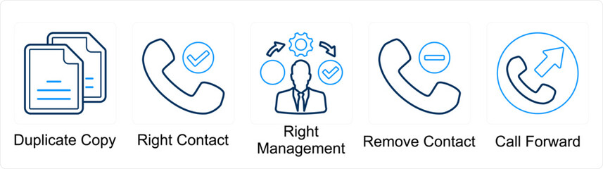 A set of 5 mix icons as duplicate copy, right contact