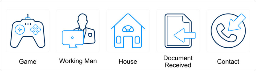 A set of 5 mix icons as game, working man, house