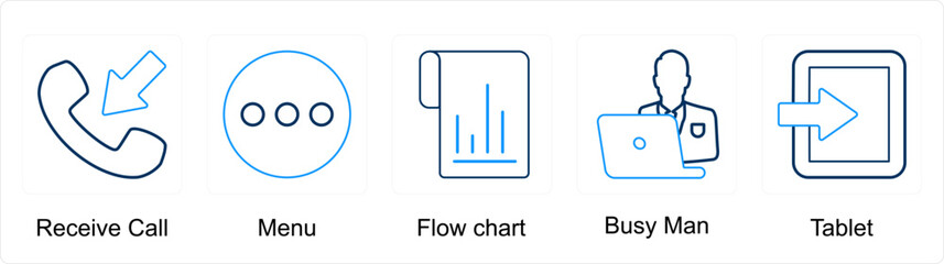 A set of 5 mix icons as receive call, menu, flow chart