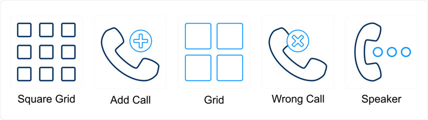 A set of 5 mix icons as square grid, add call, grid