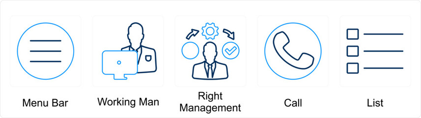 A set of 5 mix icons as menu bar, working man, right management