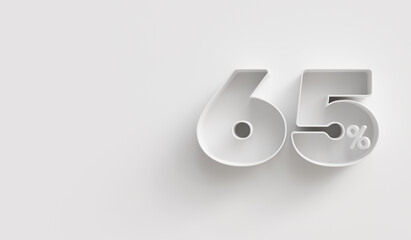 White 3d 65 (sixty-five) percent on white background. For advertising promotion, 3d financial concept design. Promotional materials. 65% interest special offer. Symbol icon with percentage.