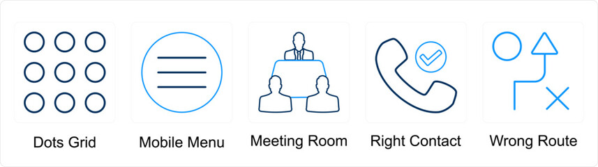 A set of 5 mix icons as dots grid, mobile menu, meeting room