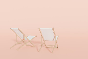 Two beach chairs in pastel pink background, 3d rendering. Lounge chairs illustration, concept of summer vacation, holiday season