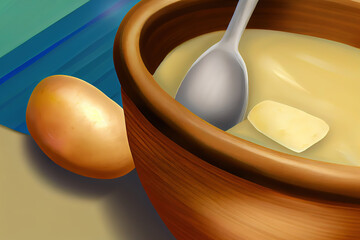 Detail of bowl with potato soup and wooden ladle. Generative Ai