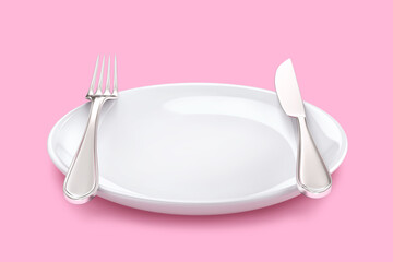 Empty white plate with fork and knife isolated on pink background