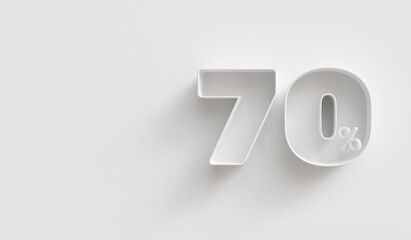 White 3d 70 (seventy) percent on white background. For advertising promotion, 3d financial concept design. Promotional materials. 70% interest special offer. Symbol icon with percentage.