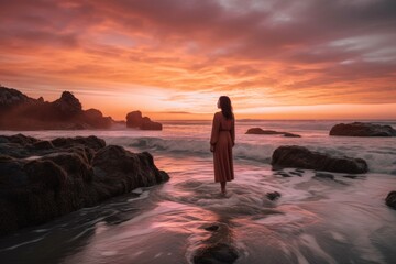 A woman standing on a rocky beach in sunset, Generative AI