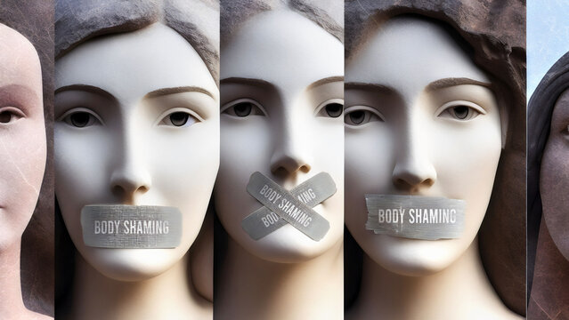 Body shaming and silenced women.  Women statues with taped lips as a symbol of limiting and suppressing the freedom of speech..,3d illustration