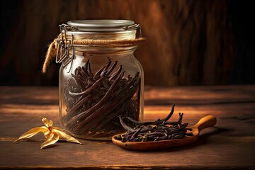 dry vanilla beans in transparent jar on wooden table, created with generative ai - obrazy, fototapety, plakaty