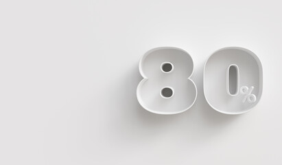 White 3d 80 (eighty) percent on white background. For advertising promotion, 3d financial concept design. Promotional materials. 80% interest special offer. Symbol icon with percentage.