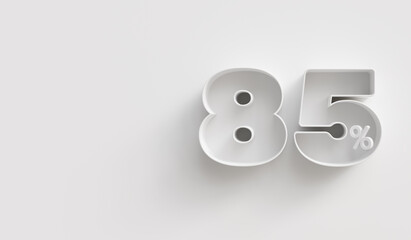 White 3d 85 (eighty-five) percent on white background. For advertising promotion, 3d financial concept design. Promotional materials. 85% interest special offer. Symbol icon with percentage.