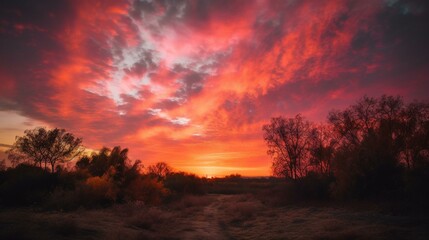 Fototapeta na wymiar A peaceful pink and orange sunset sky with fluffy white clouds Generative AI