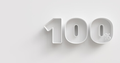 White 3d 100 (hundred) percent on white background. For advertising promotion, 3d financial concept design. Promotional materials. Symbol icon with percentage.