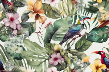 Tropical birds in a jungle perfect seamless watercolour repeating pattern. Generative ai