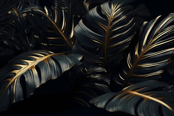 Black and gold tropical leaves background - Generative AI