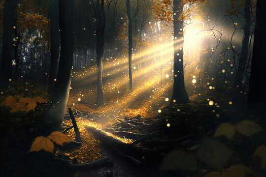 Dense fog in autumn forest with yellow leaves and green moss on tree bark AI generated