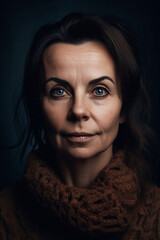 Fototapeta premium A mature female fashion model in her early fifties, blue eyes and black hair - Ai generative