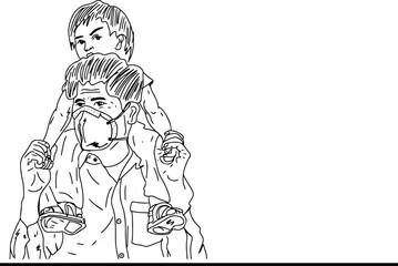 Sketch drawing of Emotional migrant in corona pandemic, Hand drawing outline illustration of Father carrying his son on his shoulder sad image of migration in pandemic feeling sad,embrace