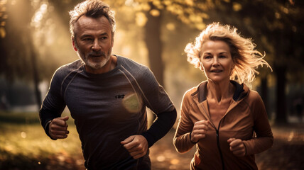couple in their 50s practicing running in a public park, surrounded by nature, at the golden hour. tranquillity. sport.