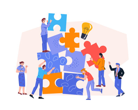 Business team work and collaboration to implement innovative idea, flat vector illustration isolated on white. Teamwork and cooperation.
